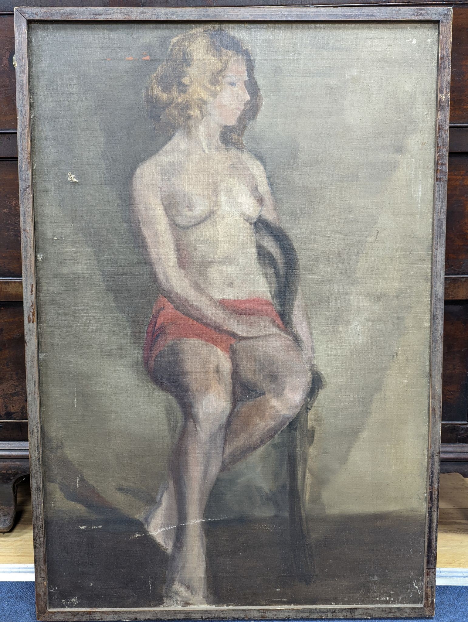 Modern British, oil on canvas, Seated female nude, 76 x 50cm